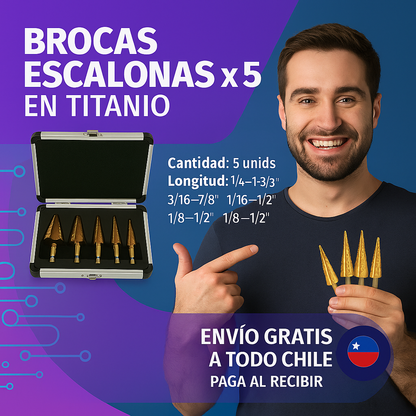 Set de 246 piezas, con brocas, dados y puntas. Lleva de obsequio un set de 5 brocas escalonadas en titanio.
