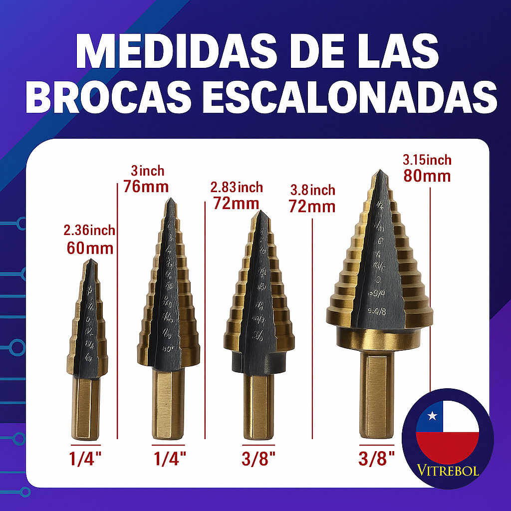 Set de 246 piezas, con brocas, dados y puntas. Lleva de obsequio un set de 5 brocas escalonadas en titanio.