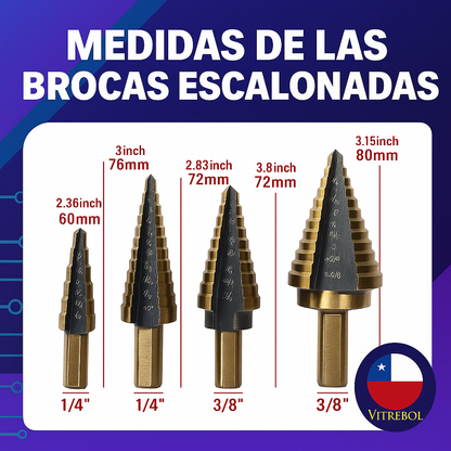 Set de 246 piezas, con brocas, dados y puntas. Lleva de obsequio un set de 5 brocas escalonadas en titanio.