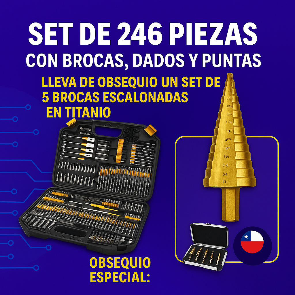 Set de 246 piezas, con brocas, dados y puntas. Lleva de obsequio un set de 5 brocas escalonadas en titanio.