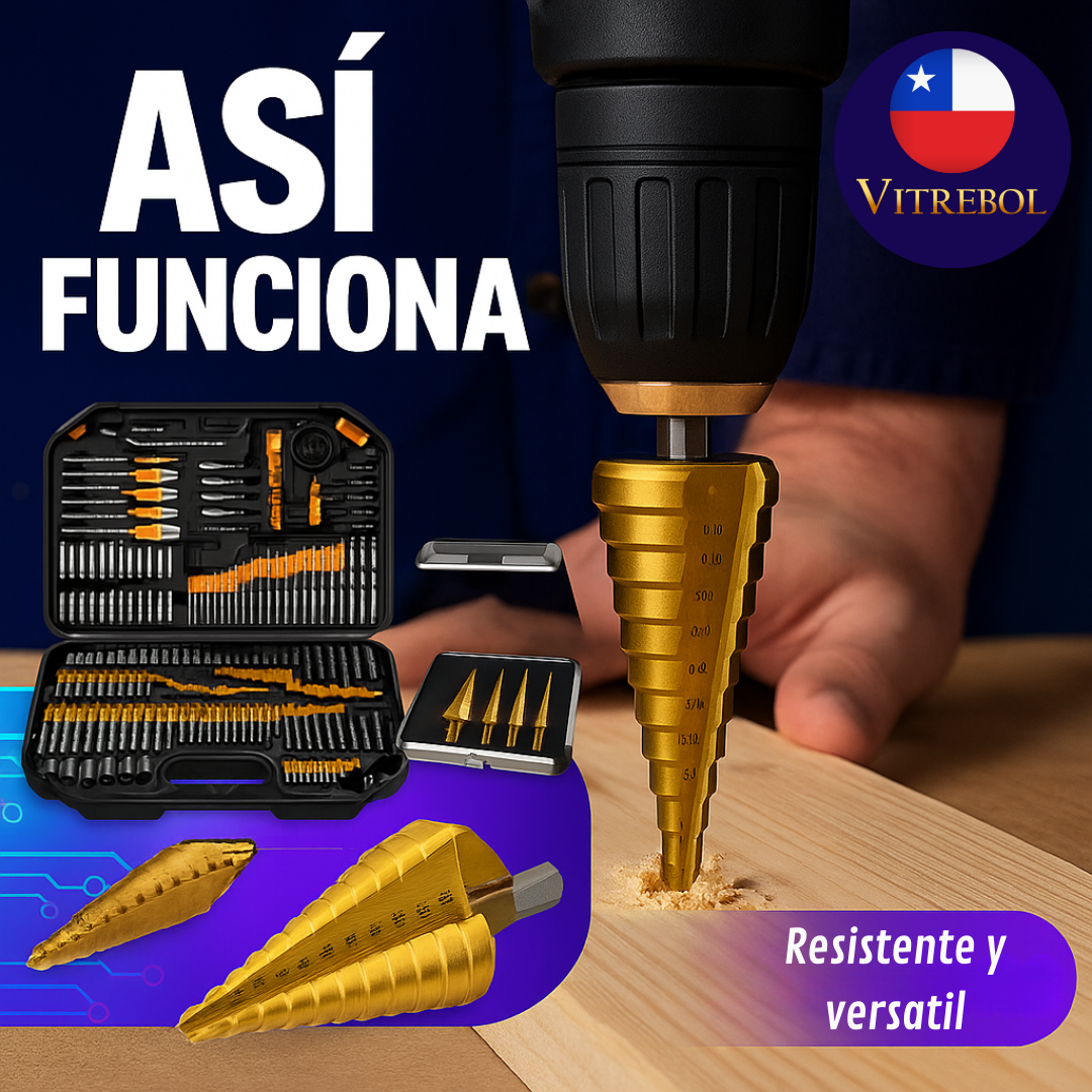 Set de 246 piezas, con brocas, dados y puntas. Lleva de obsequio un set de 5 brocas escalonadas en titanio.