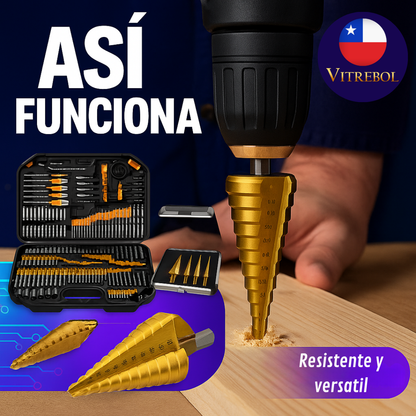 Set de 246 piezas, con brocas, dados y puntas. Lleva de obsequio un set de 5 brocas escalonadas en titanio.