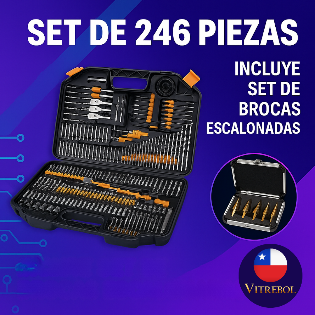 Set de 246 piezas, con brocas, dados y puntas. Lleva de obsequio un set de 5 brocas escalonadas en titanio.